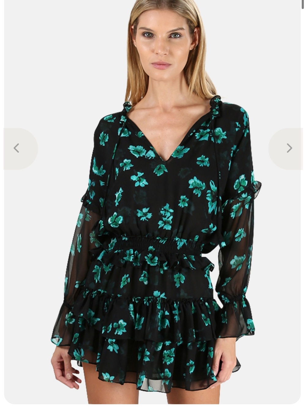 MISA Los Angeles Long sleeve black and green floral ruffle dress- size XS